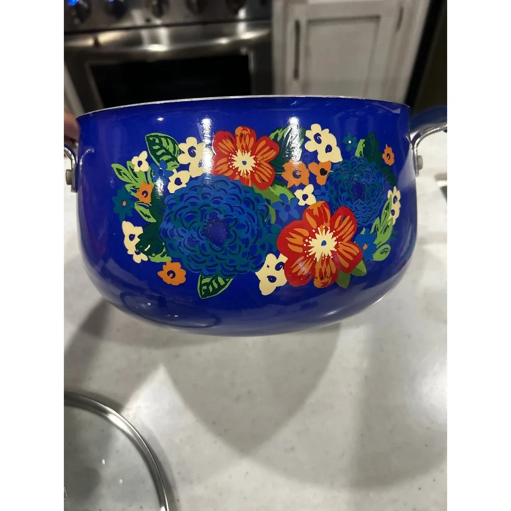 The Pioneer Woman Blue Floral Enamel Aluminum Stockpot with Glass Lid 3012TBT